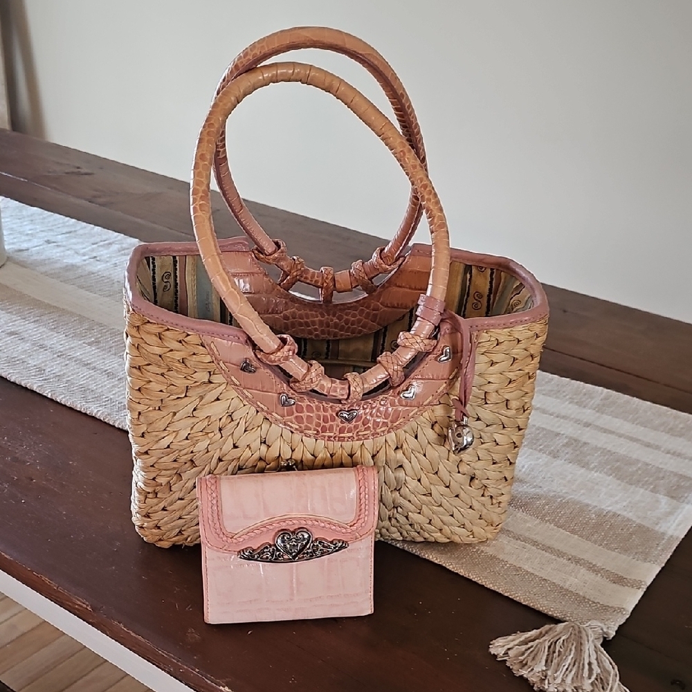 Stylish Pink and Tan Woven Handbag and wallet